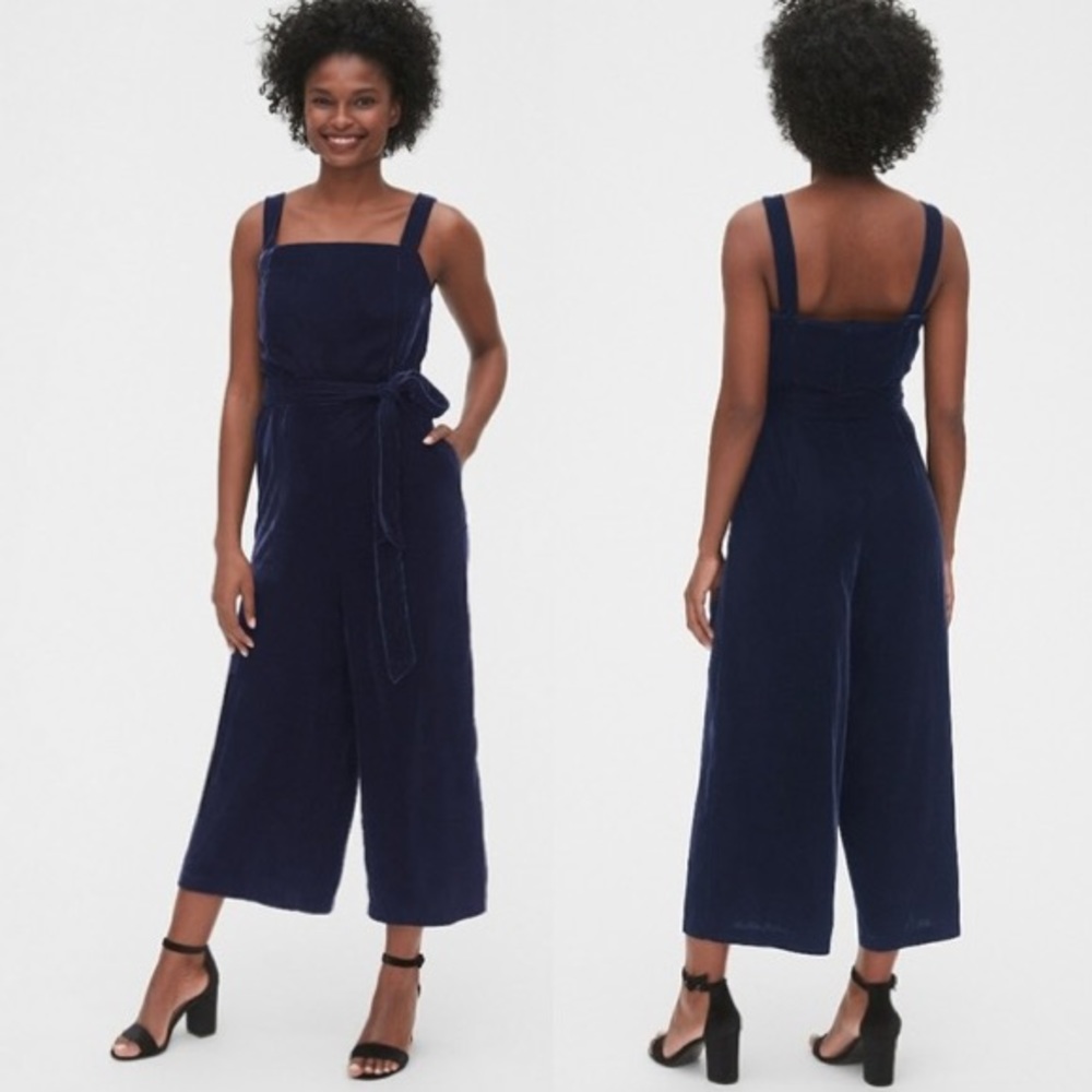 GAP Navy Blue Velvet Apron Wide Leg Jumpsuit Size 4 Petite